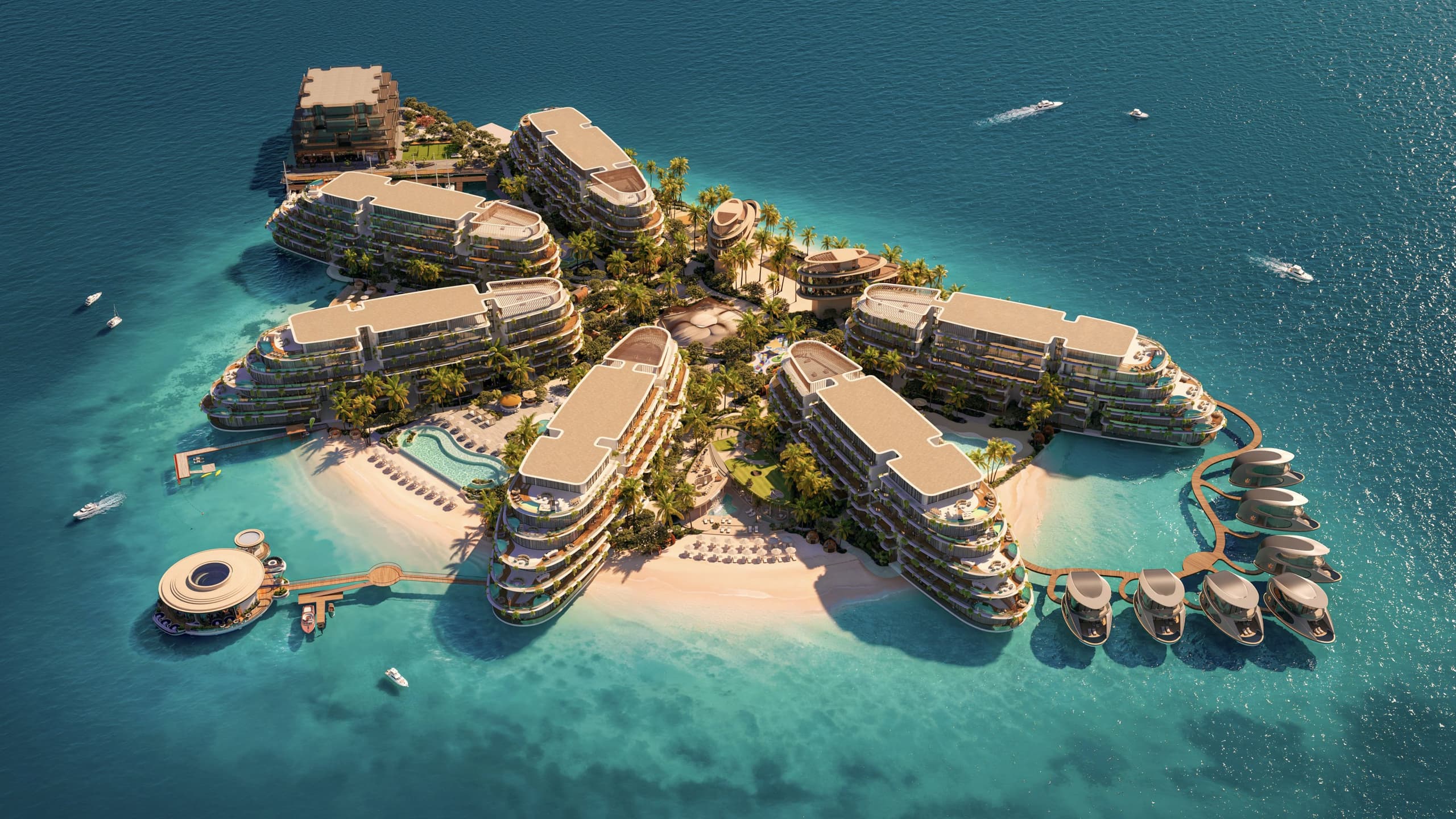 تصوّر جوي لمشروع Samana Maserati Island: مبانٍ سكنية متدرّجة حول قلب مزروع بالنخيل، مع شواطئ ومسابح وفلل فوق الماء الفيروزي