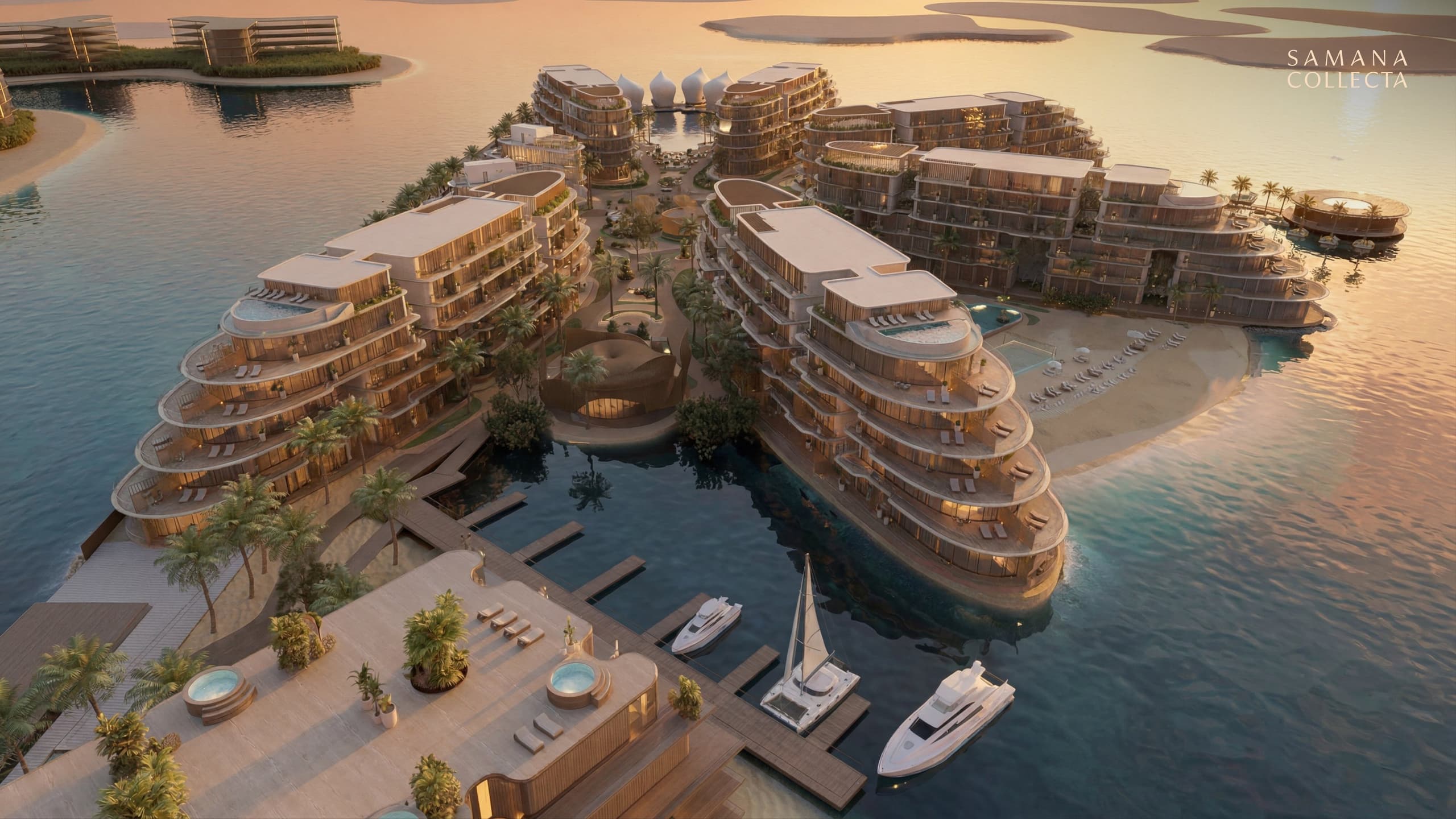 تصوّر جوي عند الغروب لمبانٍ سكنية متدرّجة حول مرسى خاص لليخوت في Samana Maserati Island