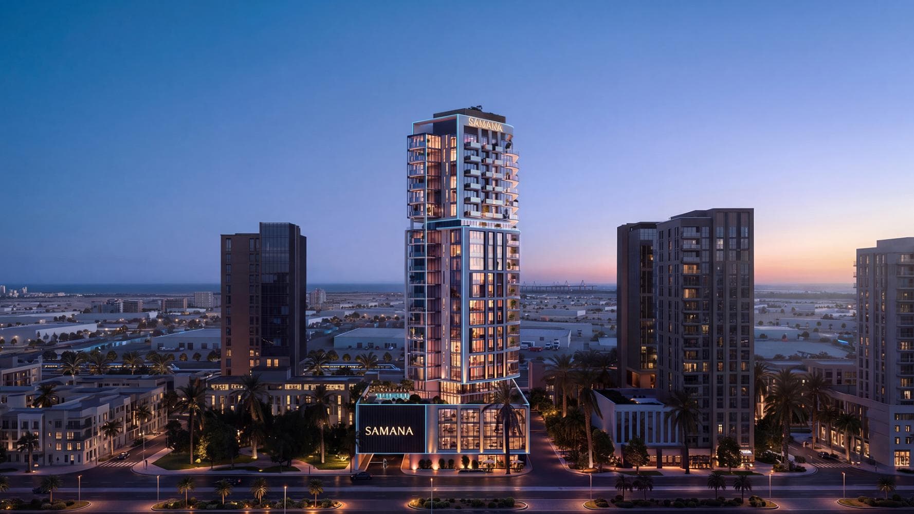 SAMANA Downtown One at twilight, the illuminated tower standing above Downtown Jebel Ali